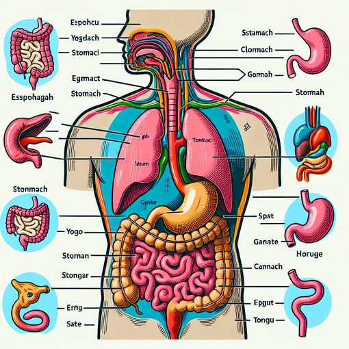 A detailed anatomical diagram of the human digestive system, highlighting the esophagus, stomach, and tongue with labels for each part, vibrant colors