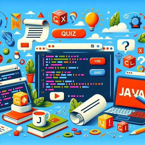 A colorful and engaging illustration showcasing Java programming concepts, object-oriented programming principles, and a fun quiz environment with visual elements like code snippets, question boxes, and educational icons.