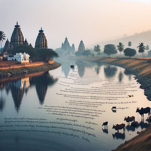 A serene river landscape reflecting the cultural essence of South India, with poetic elements incorporated visually, like verses floating on the water, temples, and cows by the riverbank.