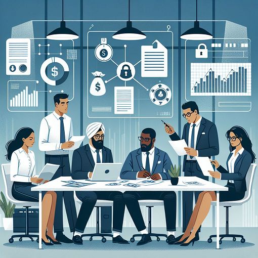 A professional and engaging illustration depicting compliance officers reviewing financial documents in a modern office setting, with elements symbolizing money laundering, financial crime prevention, and teamwork among diverse professionals.