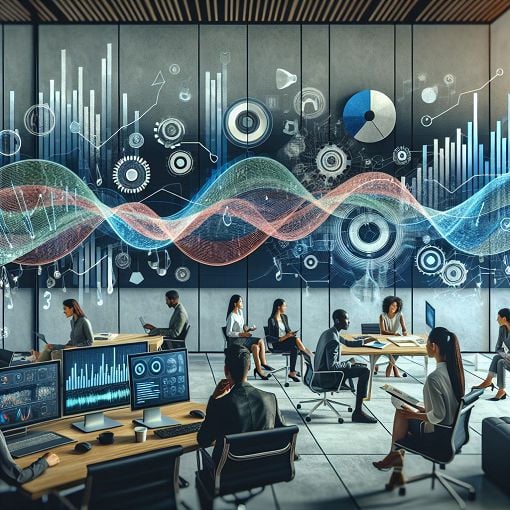 An engaging illustration of audio technology and data analytics, featuring soundwaves, graphs, and diverse people collaborating in a modern office setting.