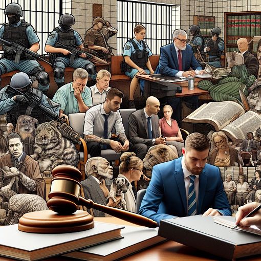 A collage of courtroom scenes, a gavel, legal books, and individuals involved in various legal proceedings, with a focus on the theme of sentencing and justice in New South Wales.