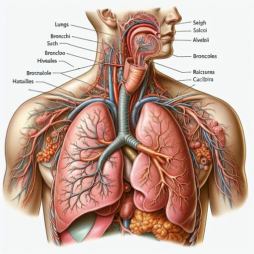 Anatomy of the respiratory system, detailed illustration of lungs, bronchi, and alveoli, educational style