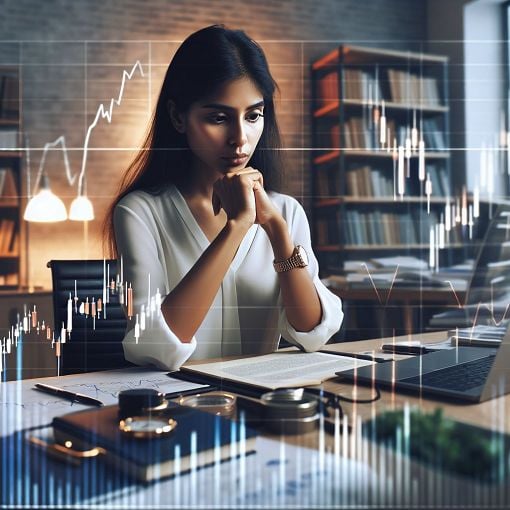 A professional and motivational image representing stock trading and investment preparedness, featuring charts, a business desk, and a focused individual studying market trends.