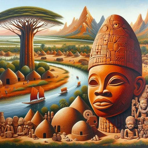 Create an artistic representation of Nigerian historical sites and cultures, incorporating elements like ancient artifacts, terracotta heads, and landscapes of significant locations in Nigeria.