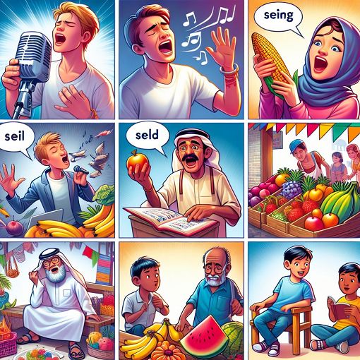 A colorful and engaging illustration showcasing various verbs in action, including singing, selling, and sitting, with visual representations of each verb.