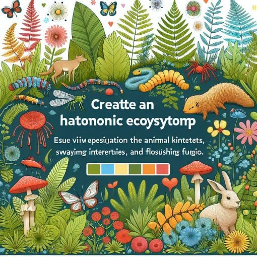 A vibrant illustration of different species in the animal kingdom and plant kingdom, featuring colorful representations of invertebrates, ferns, and fungi in a natural setting.