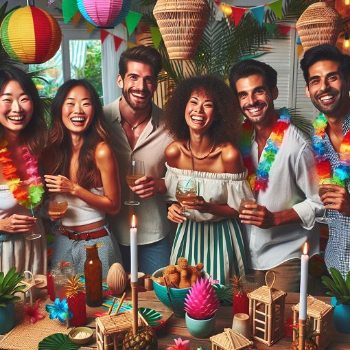 A vibrant and lively scene of a group of friends hanging out at a social gathering, filled with diverse personalities, laughter, and fun atmosphere, in a tropical themed room with bright colors and tiki decorations