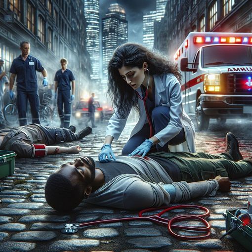 Generate a detailed medical emergency scene showing a paramedic assessing a trauma patient on the street with visible elements like an ambulance and medical equipment.