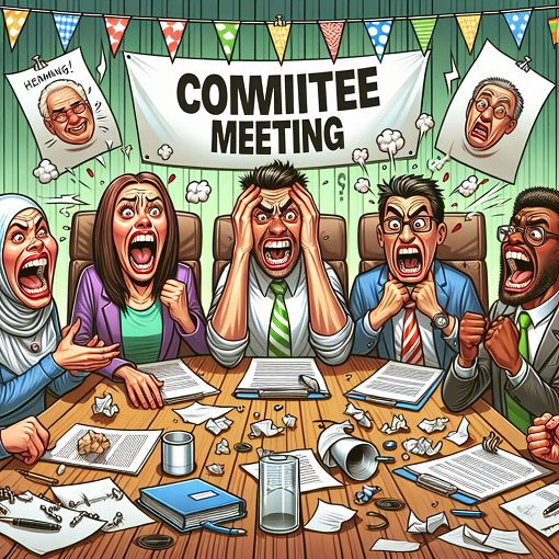 Create an image of a humorous committee meeting with diverse characters exhibiting various exaggerated emotions, surrounded by quirky items like oversized papers and funny decorations.