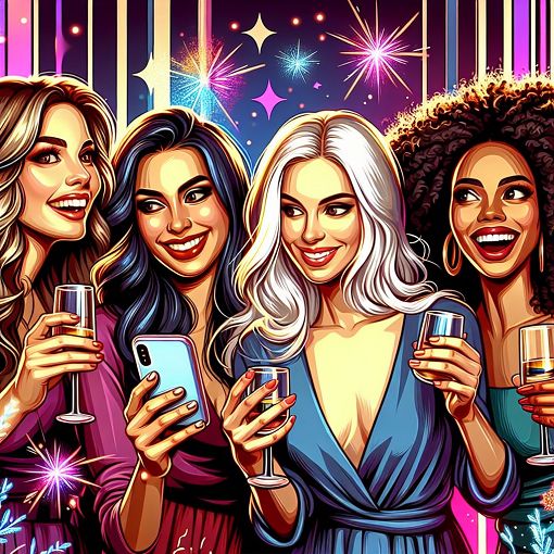 An aesthetically pleasing illustration of diverse young women enjoying a fun night together, surrounded by artsy elements, vibrant colors, and social media vibes.