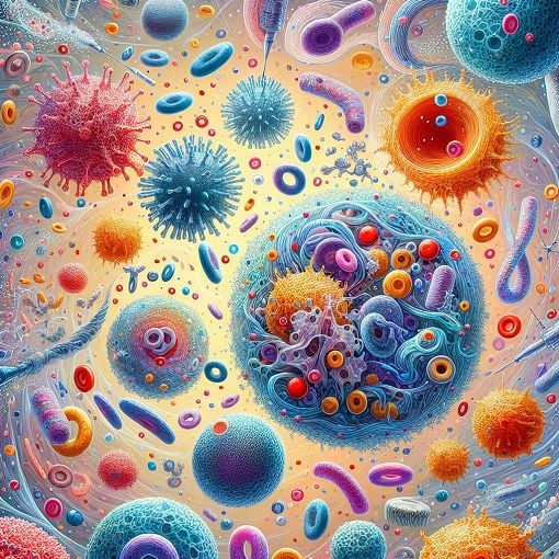 A vibrant illustration depicting various immune cells like B cells, T cells, and antibodies interacting in a dynamic environment, emphasizing the complexity and beauty of the immune response.