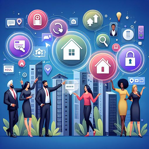 A vibrant and engaging illustration showing people exploring features of property listings, with icons representing various fun<wbr>ctionalities like information, security, and customization in a modern digital environment.