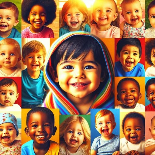 A colorful, playful collage of baby photos featuring a variety of children with bright smiles and playful expressions, emphasizing nostalgia and joy in recognizing childhood friends.