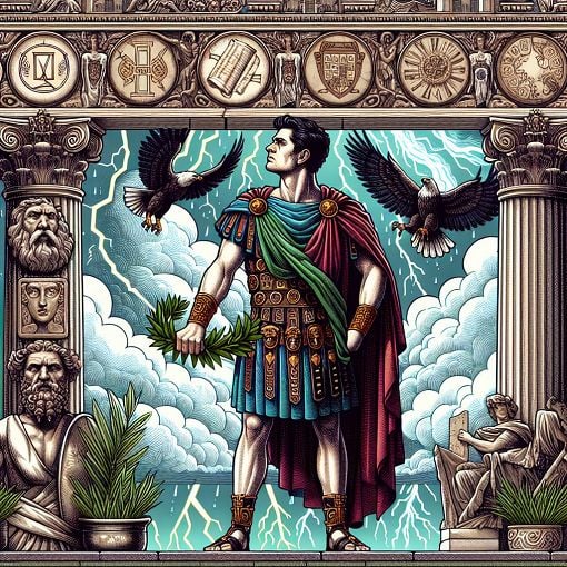 A detailed illustration depicting a dramatic scene from Julius Caesar, featuring Roman architecture, Caesar, and symbols of omens and prophecies, with a stormy sky in the background.