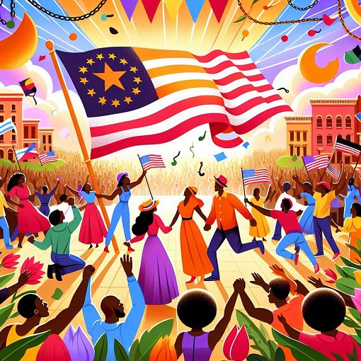 A vibrant and colorful celebration of Juneteenth, featuring elements like the Juneteenth flag, diverse people participating in festivities, and symbols of freedom and resilience.