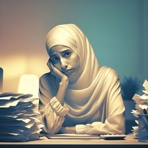 Create an image of a person sitting at a desk looking exhausted, surrounded by paperwork, with a faint glow depicting stress, in a soft color palette to evoke a sense of empathy and understanding.