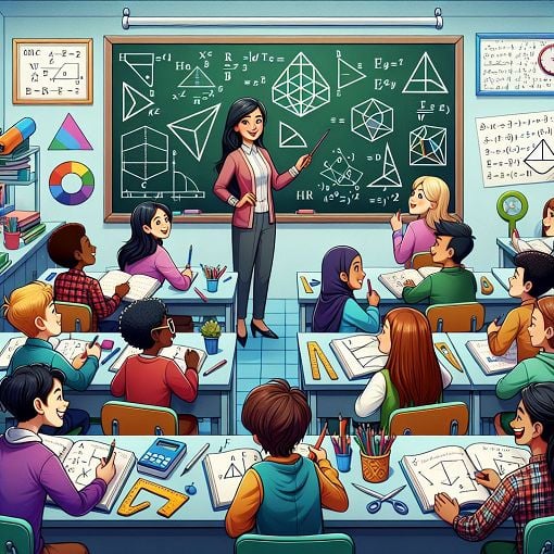 A vibrant classroom scene with students engaged in a geometry lesson, featuring geometric shapes, a blackboard with equations, and a variety of tools like protractors and rulers.