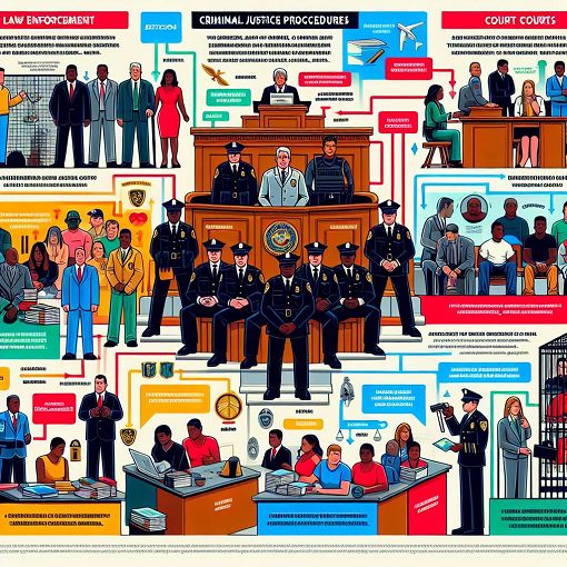 A visually appealing educational graphic that represents law enforcement, criminal justice processes, and resources related to offenses, courts, and criminal records, with an emphasis on clarity and engagement.