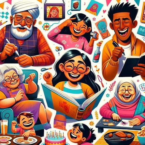 A vibrant and colorful illustration depicting a quirky, fun family gathering with diverse characters representing different personalities and interests, emphasizing a playful and humorous vibe.