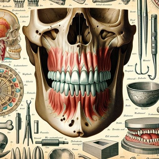 An intricate illustration of the human jaw anatomy, highlighting the mandibula with detailed labels, set against a backdrop of historical and cultural artifacts related to dental health and anatomy.