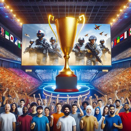 Create an image of a vibrant and dynamic eSports arena filled with cheering fans, featuring a giant screen displaying a Call of Duty competition, players in action, and a trophy to represent competition.