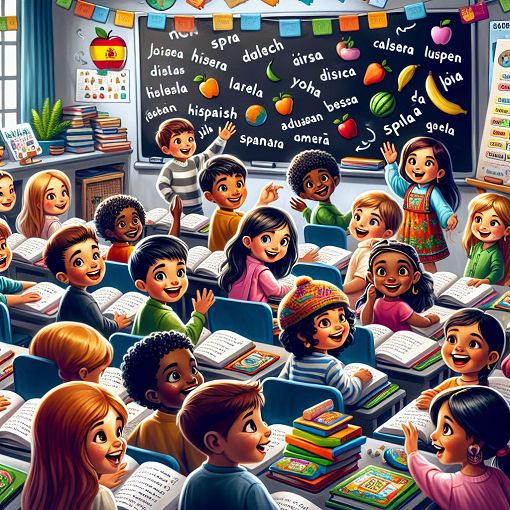 Create an image of a colorful classroom scene with children learning Spanish, featuring books, flashcards, and a chalkboard with Spanish words.