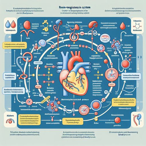 A detailed infographic depicting the renin-angiotensin system and its impact on blood pressure regulation, featuring schematic diagrams and annotations.