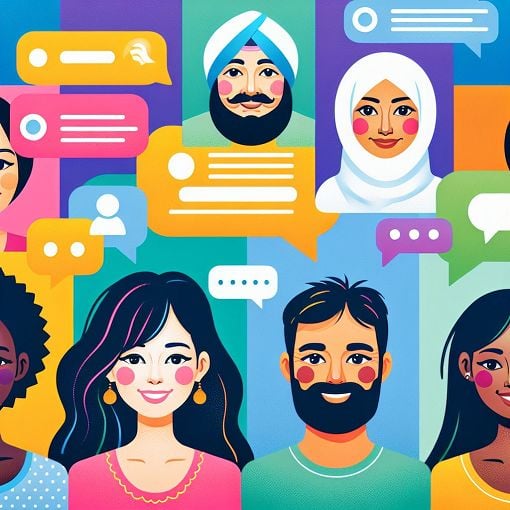 A vibrant and engaging digital illustration showing a diverse group of people chatting and interacting in a Discord server setting, with symbols representing channels, moderation, and community discussions.