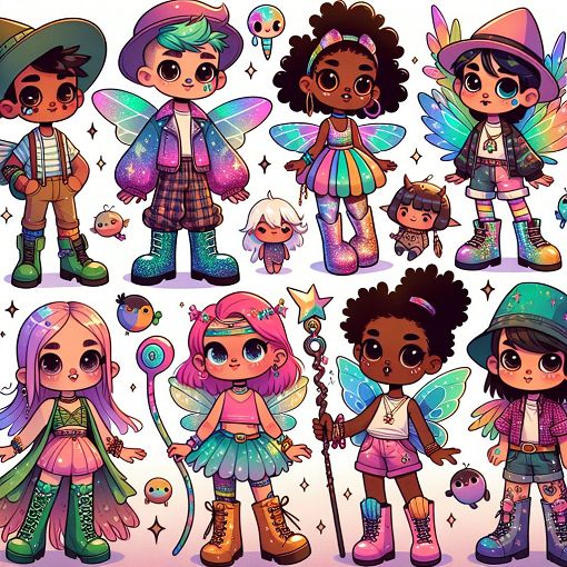 A vibrant and colorful illustration featuring diverse cartoon characters with exaggerated features and whimsical clothing styles, resembling a magical and fun alternate universe.