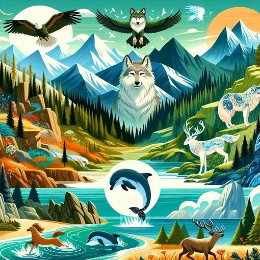 A whimsical illustration of various spirit animals in a vibrant natural setting with diverse landscapes and elements of adventure.