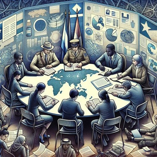 A visually engaging illustration depicting international aid and compliance training, featuring diverse individuals discussing documents and vetting processes in a collaborative environment.