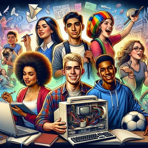 a fantastical, colorful illustration of a diverse group of teens in a school setting, showcasing different crew dynamics and personalities