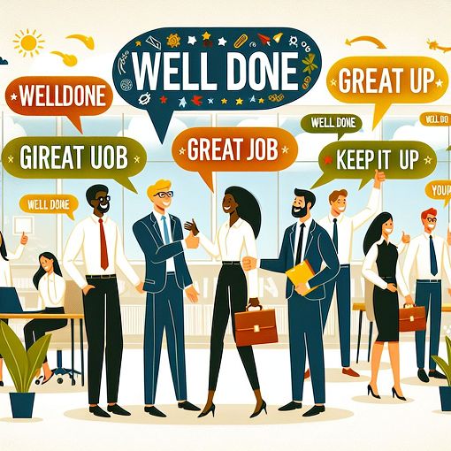 A colorful and vibrant illustration depicting diverse people in a workplace setting, happily interacting and celebrating each other's achievements, with words of encouragement and appreciation written around them.