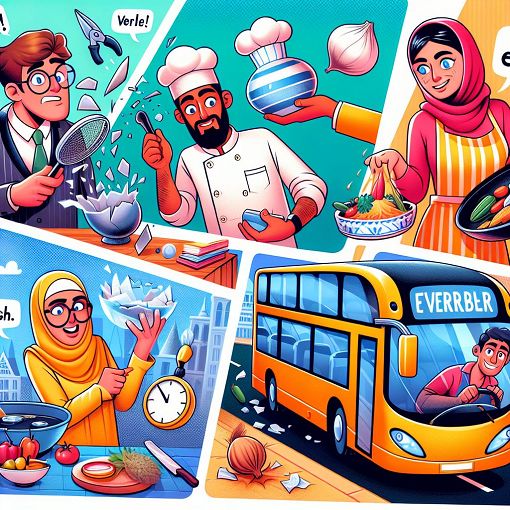 A colorful and engaging illustration featuring various irregular verbs in action, such as a person breaking a vase, a chef choosing ingredients, and a driver on the road, all in a playful cartoon style.