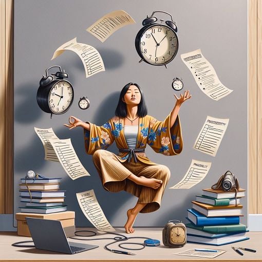 An insightful illustration depicting a person juggling clocks and to-do lists, portraying the struggle between procrastination and productivity in a vibrant, relatable style.