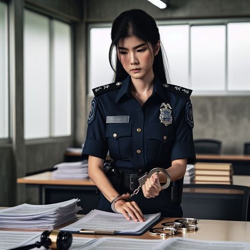 A police officer in a training scenario, reviewing a set of procedures on apprehending offenders, with legal documents and handcuffs in view, in a well-lit, professional environment.