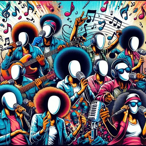 Generate a vibrant and colorful collage of iconic R&B and hip-hop artists with musical notes and vibrant backgrounds, showcasing the energy of the genre.