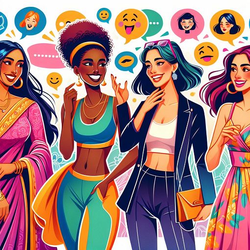 A colorful, playful illustration of diverse women hanging out together, showcasing different personalities and styles, with speech bubbles featuring fun quotes and emojis.