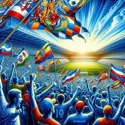 A vibrant stadium filled with cheering fans, featuring banners of different football clubs and a bright blue sky. The image should capture the excitement of a football match atmosphere.