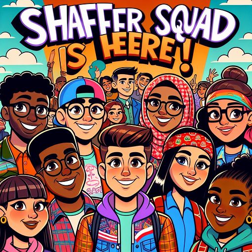 A colorful illustration featuring a diverse group of cartoon students, each wearing different outfits related to their personalities and interests, with a stylized text overlay saying 'Shaffer Squad is Here!'