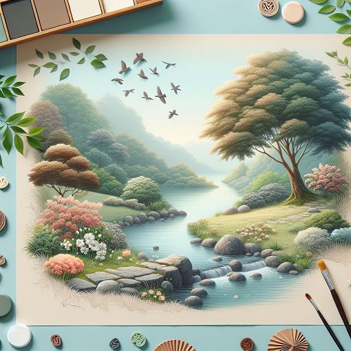 A calming and serene landscape depicting mental well-being, with soft colors and gentle nature elements, representing stress relief and emotional health.