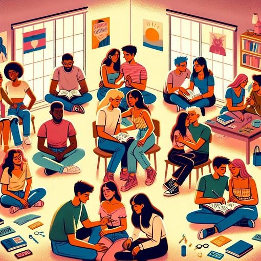 Create an engaging, colorful illustration depicting the themes of sexual health education, consent, and intimacy, featuring diverse couples communicating, learning, and exploring together in a positive and respectful environment.