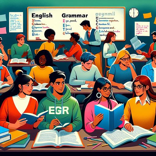 A vibrant and engaging graphic showing students studying English grammar with articles, books, and a chalkboard in the background.