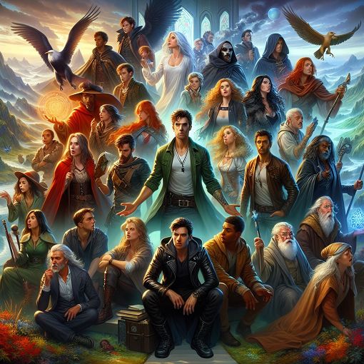 A fantasy-themed image depicting a group of characters from a fictional story, surrounded by mystical elements and a vibrant setting that evokes a sense of adventure and drama. The characters should exhibit various emotions, hinting at the intrigue and tension of their relationships.