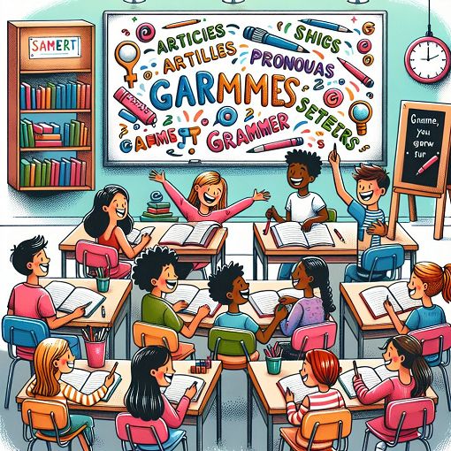 Create an illustration of a classroom setting with students engaging with grammar concepts, featuring the words 'Articles' and 'Pronouns' prominently in a creative and colorful way.