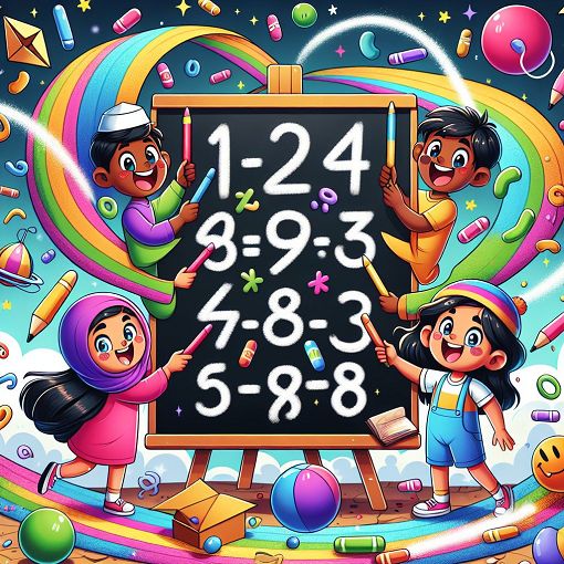 Generate an image of cheerful cartoon characters engaging in math subtraction activities, surrounded by colorful numbers and playful elements.