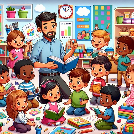 A colorful illustration of children learning in a pre-school classroom, with books, toys, and a teacher interacting with students, emphasizing the importance of education.