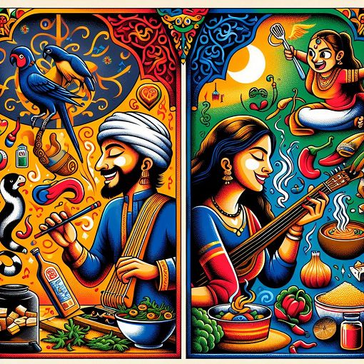 A vibrant and playful illustration of two contrasting characters enjoying different activities in a cozy, colorful setting, with elements representing personality traits such as music, food, and favorite animals.