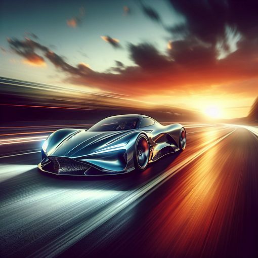 A high-speed action shot of a luxury sports car racing on an open road, showcasing sleek design with a sunset in the background, emphasizing the thrill and excitement of car culture.